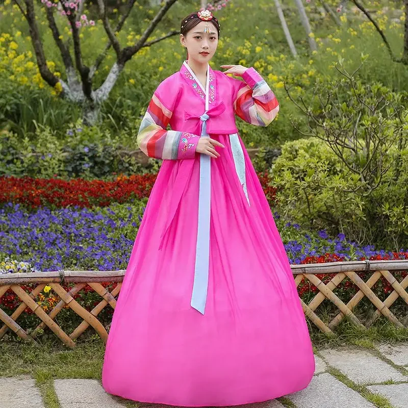 

2024 women hanbok korean traditional retro fashion style cross collar long sleeve dress korean ethnic dance hanbok costume w799