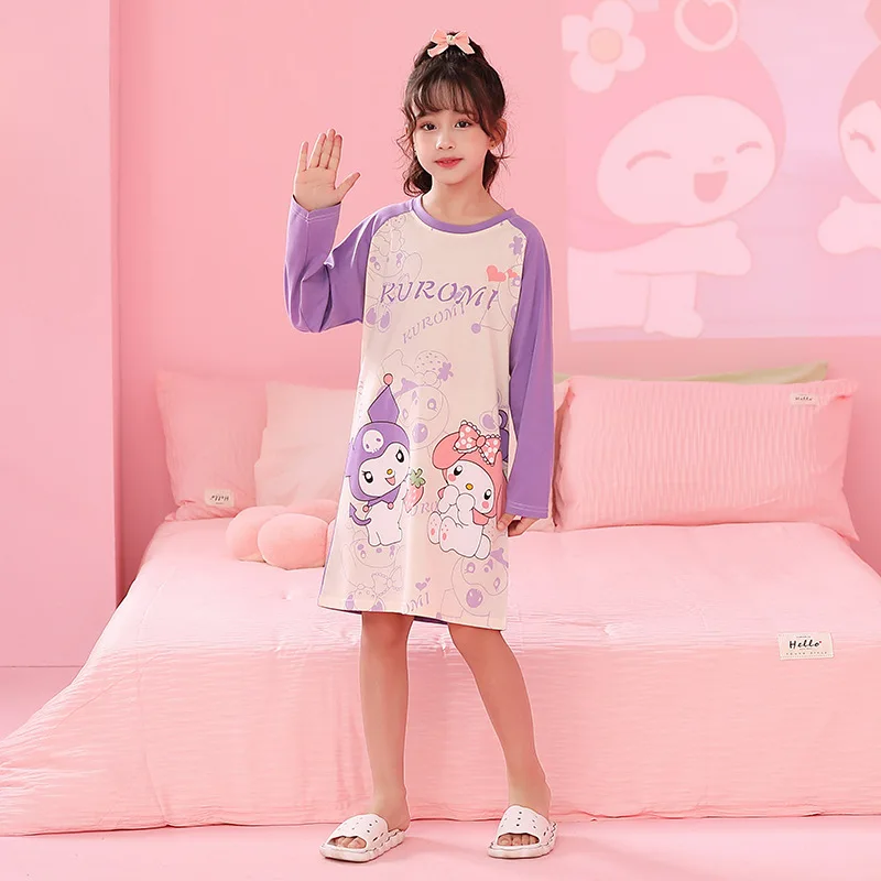 

Summer New Girls' Sleeping Skirt Cotton Thin Long Sleeved Princess Dress Midsize Children's Home Fury