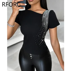 2024 Women Short Sleeves Rhinestone Decoration Summer Basic Blouse Top