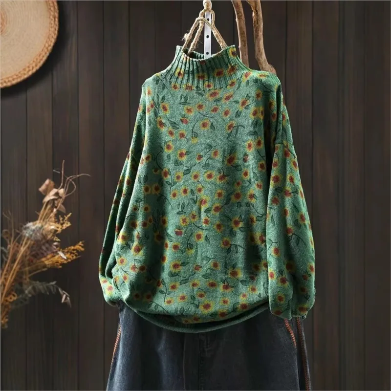 

2025 женский зимний новый свободный свитер с длинными рукавами и принтом в китайском стиле, индивидуальный повседневный свитер с воротником-стойкой, женский свитер