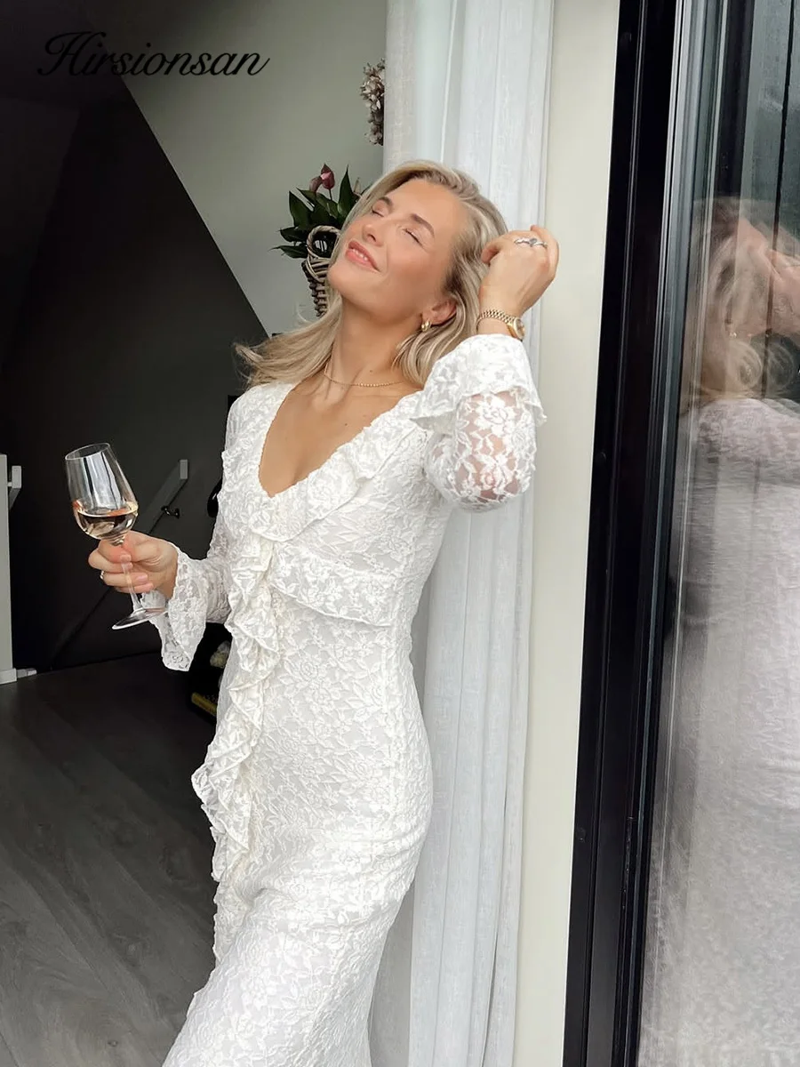 Hirsionsan Lace Elegant Dress Women Floral Graphic Chic Maxi Dresses with Ruffles Sexy Autumn V Neck Party Dress for Female 2025