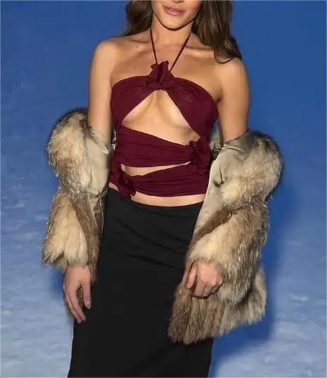 New Fashion Womens Halter Crop Cami Tops Sleeveless 3D Flower Front Hollow Out Ruched Camisole Skin Friendly Club Street Style image 6