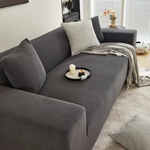 1Pc Stretch Sofa Cover For Living Room Solid Striped Sofa Cover Spandex Non-slip Modern Sofa Cushion Cover For I-Shaped Sofa 1/