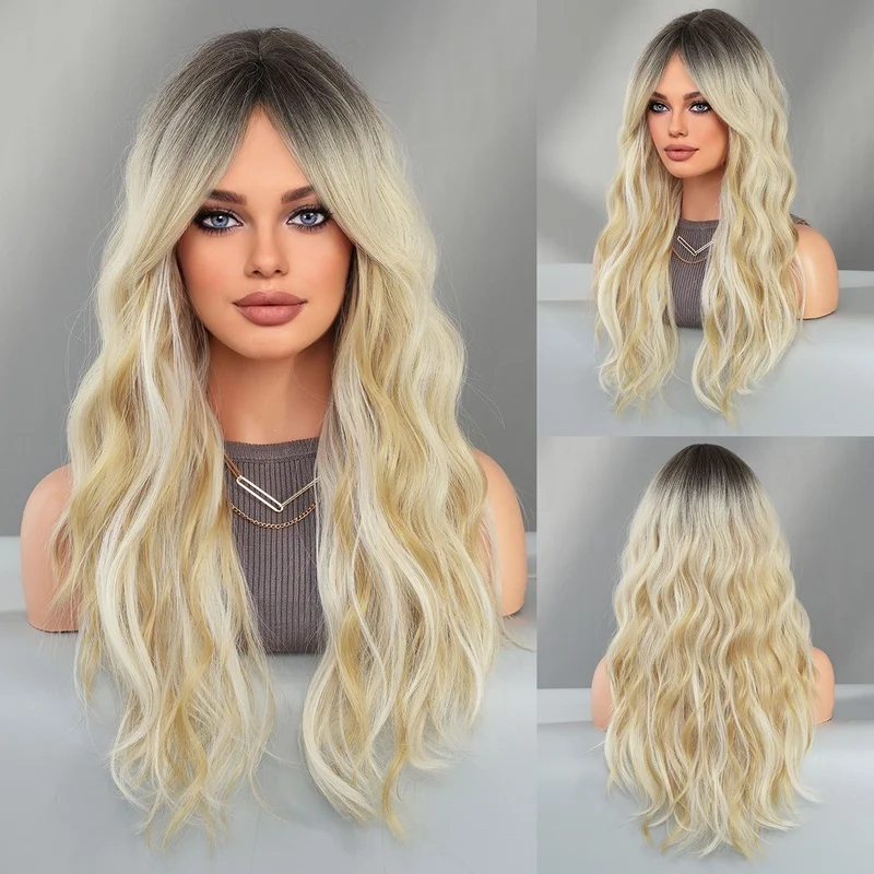 Long wavy hair with parted bangs synthetic fiber high-temperature hairpiece