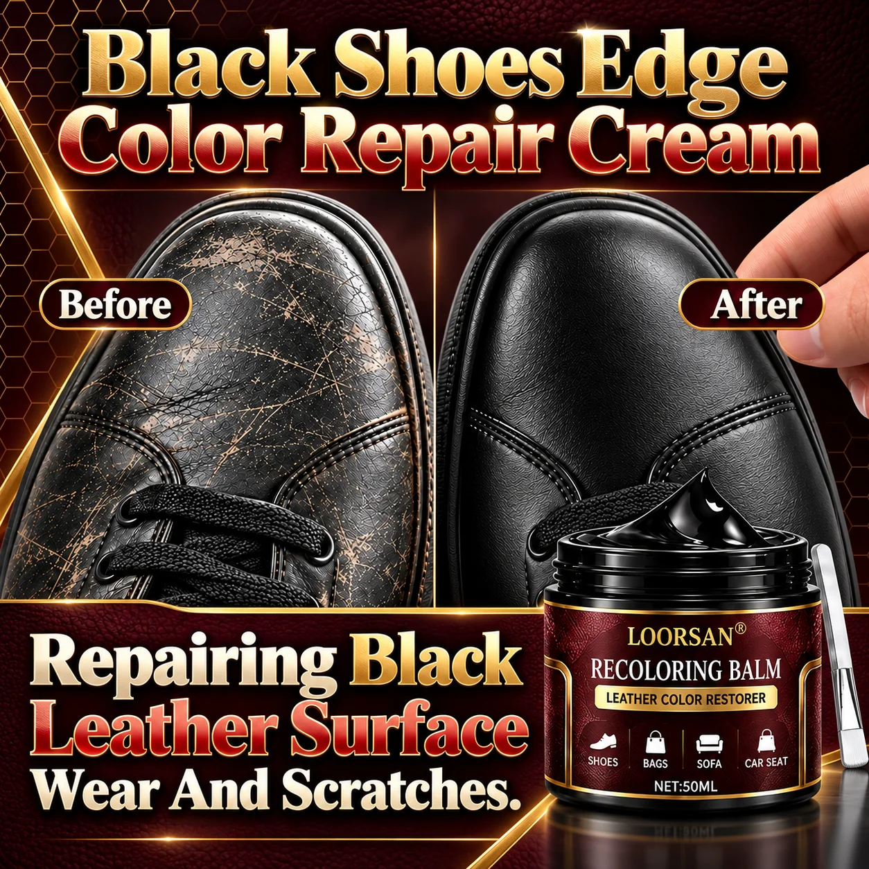 LOORSAN 50ml Black Leather Refinishing Paste, Leather Touch Up Cream for Shoe Edges, Handbags, Couch, Auto Leather Surfaces