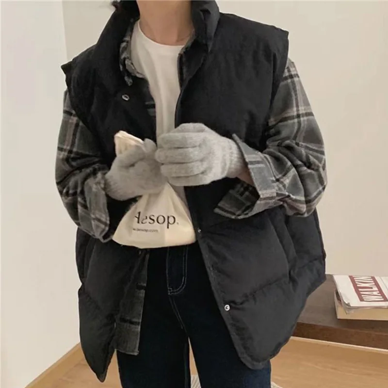Single Breasted Cotton Vest Women Loose Sleeveless Cotton Jackets Woman Autumn Winter Stand Collar Warm Vest Outwear Mujer