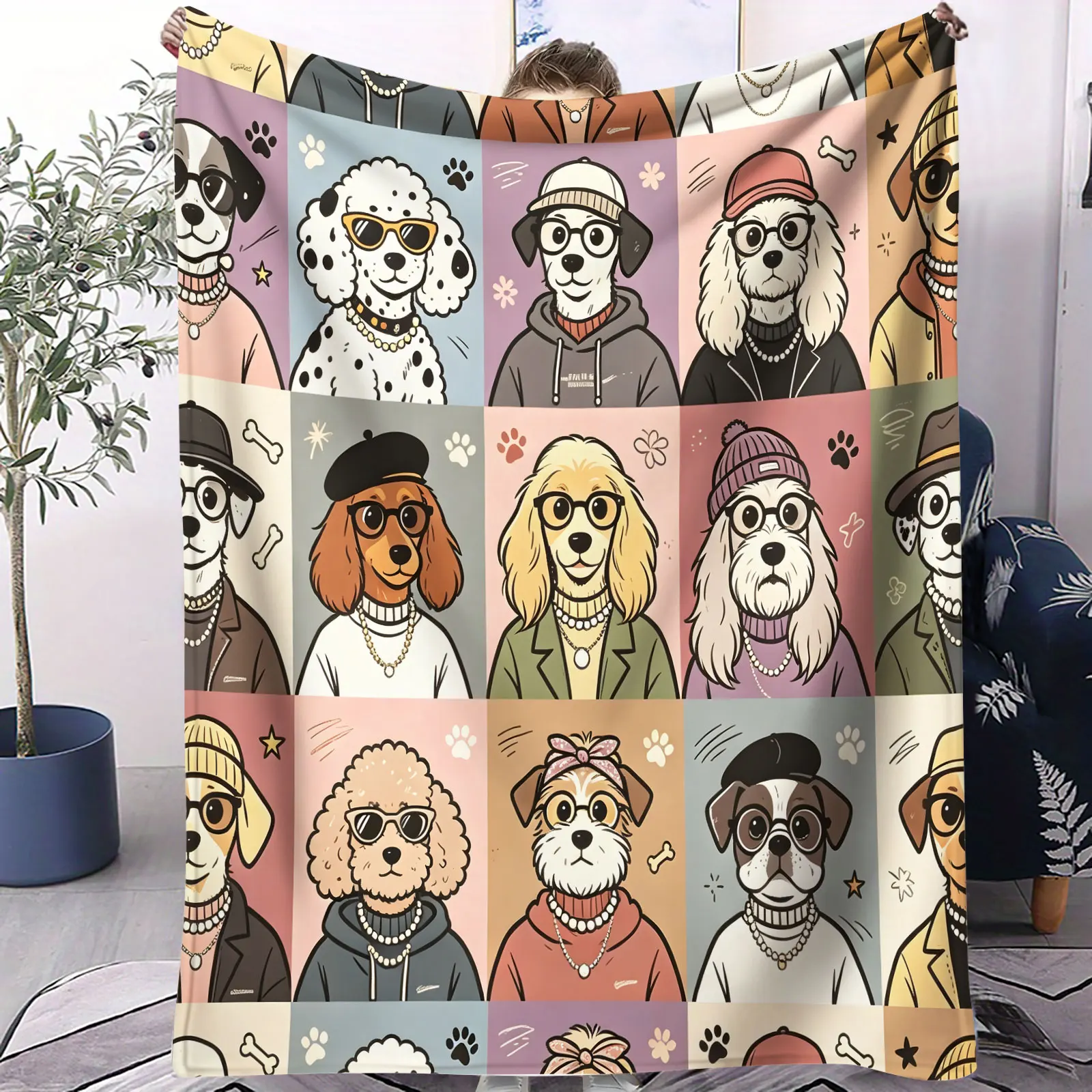 Cute Fashion Dogs Grid Patchwork Flannel Throw Blanket Cartoon Puppy Print Soft Microfiber Blanket for Sofa Bed Car Pet Lover
