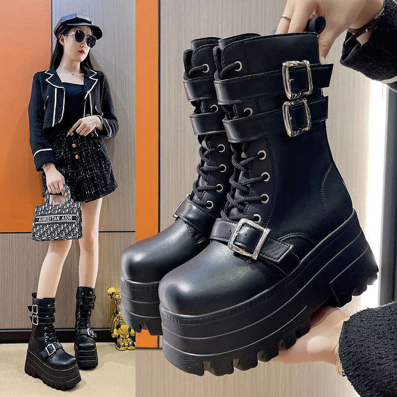 Chunky Heel Platform Women\'s Punk Boots 2024 Winter Pu Leather Black Boots Woman Metal Buckle Decor Gothic Shoes Botas De Mujer