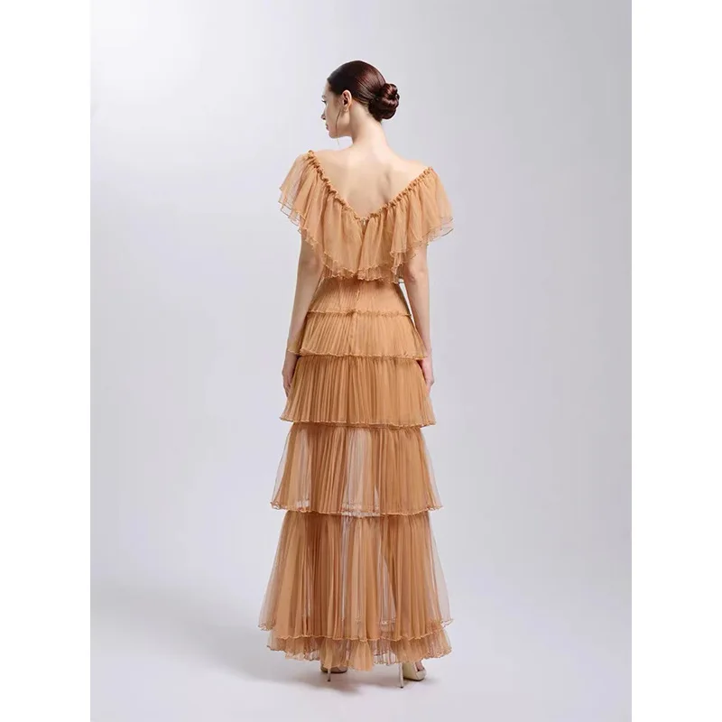 ผู้หญิง Slash คอปิดไหล่ชุดยาวฤดูใบไม้ผลิ Elegant Ruffle ชุดปาร์ตี้ฤดูร้อนแขนผีเสื้อ Boho Maxi ชุด