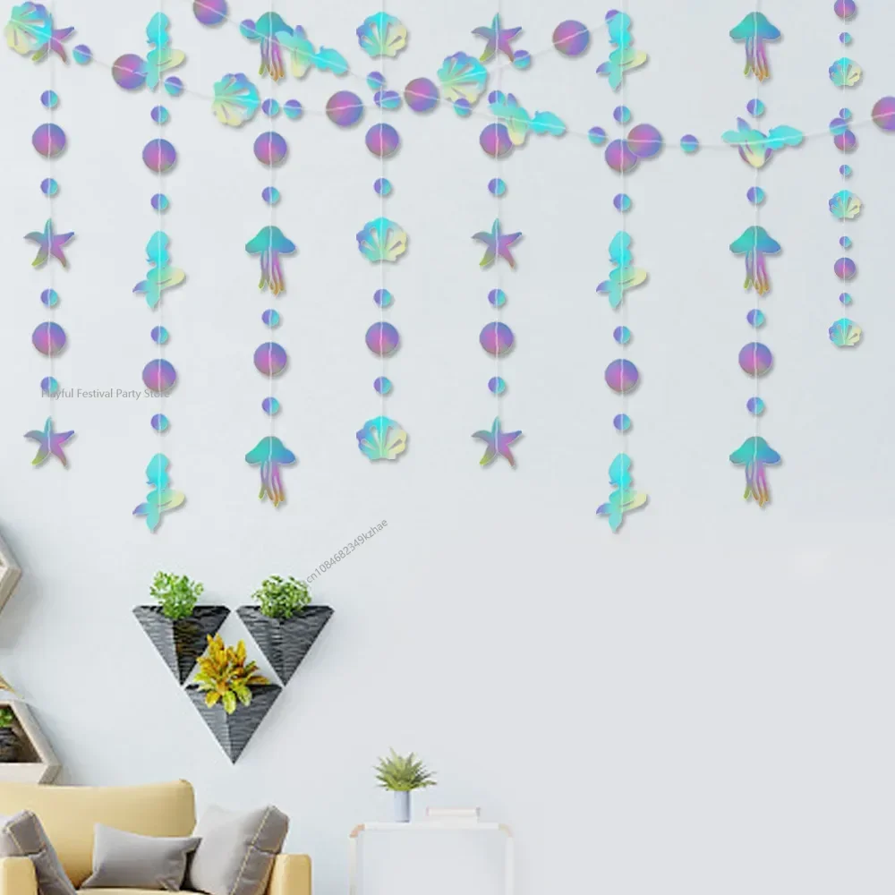 1pc 4m Mermaid Colorful Laser Garland Hanging Starfish Jellyfish Paper Banner Under The Sea Mermaid Birthday Party Decoration