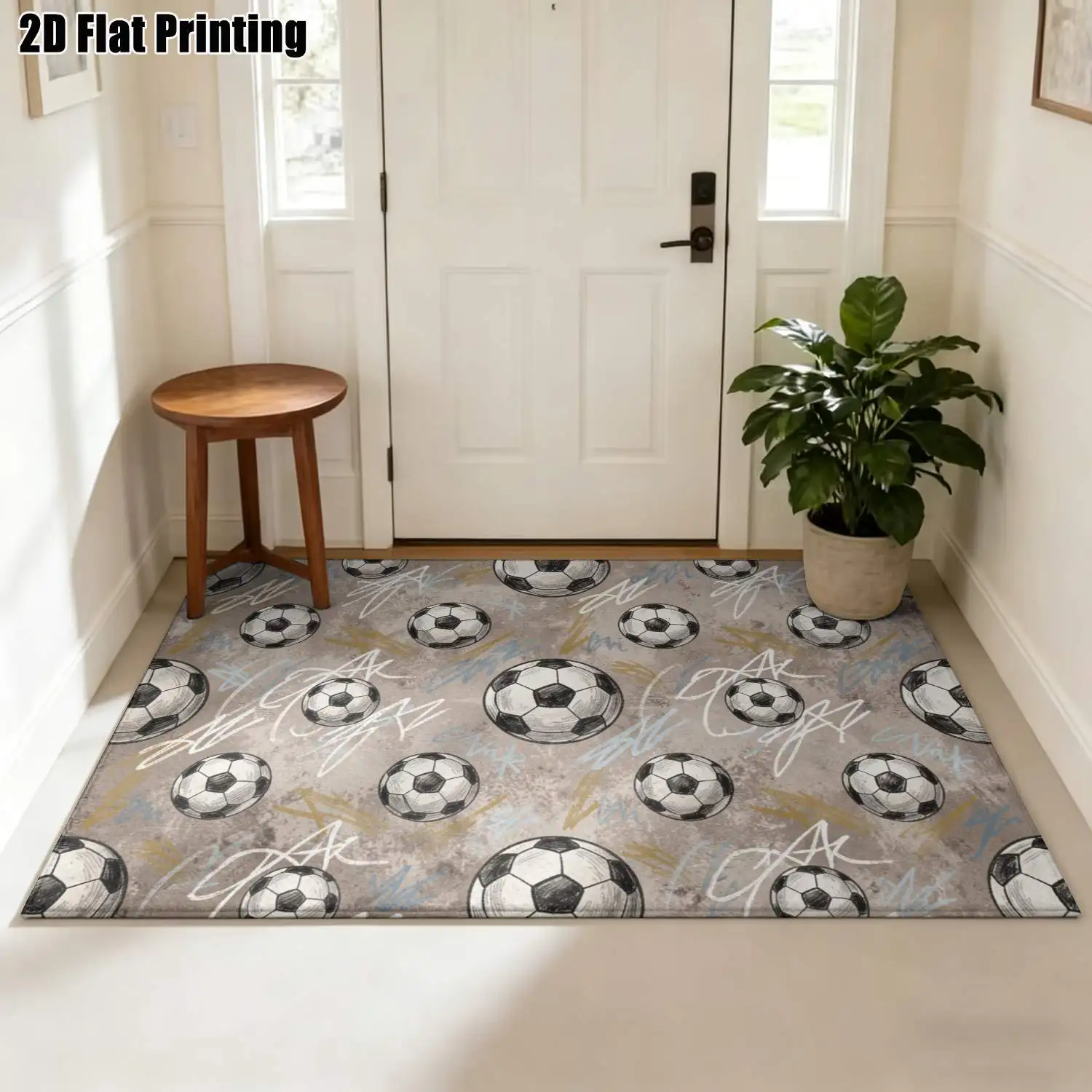 1Pc 2D Printed Carpet with Gray Football Letter Pattern: Nordic, Modern Minimalist & Vintage Style, Ideal for Home Decor, Multi-Size, Machine Washable, Perfect for Entrance, Living Room, Bedroom, Dining Room & Foyer