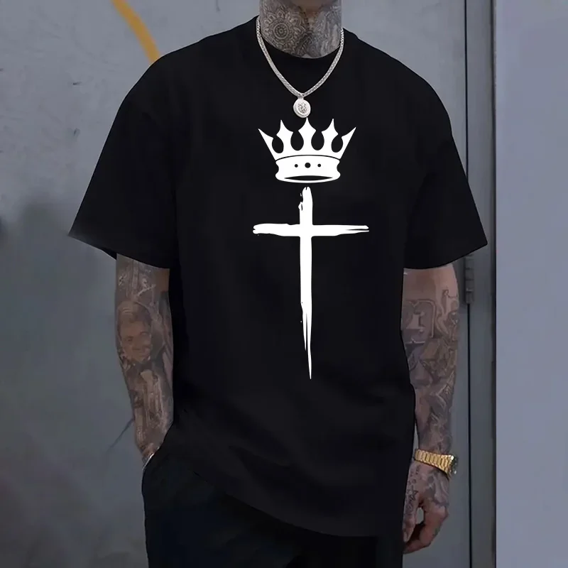 Summer Home Outdoor Comfort Breathable Cool Tops Cross Crown Men's 100% Cotton T-shirts Urban Casual Fashion Printed Tee Shirts