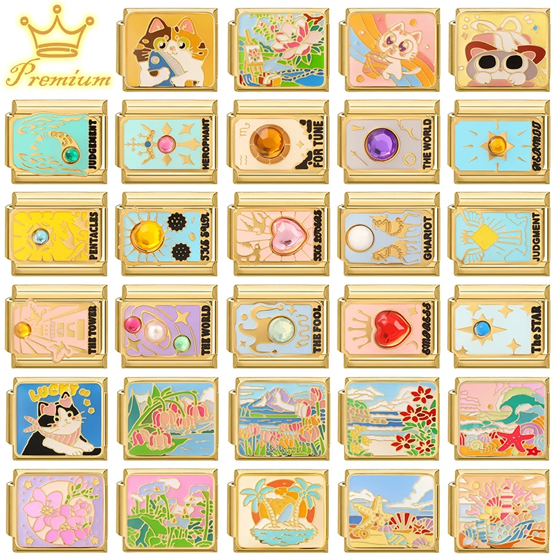 Y2K Golden Drop Glaze Tarot Cards Series Flower Cat Italian Charm Links Fit 9mm Bracelet Stainless Steel Jewelry Making DIY Gift