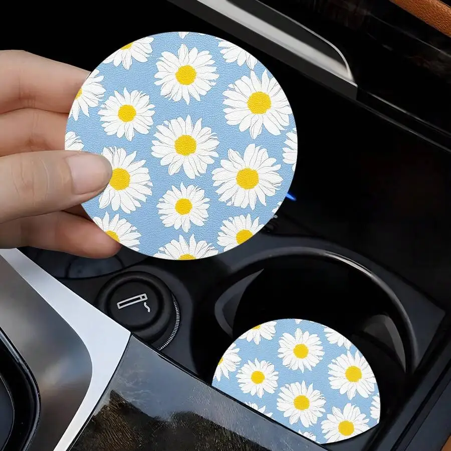 

4PCS Daisy Flower Car Coaster 2.75 Inch Round PU Leather Cup Mat For Car Interior Home Decor Blue