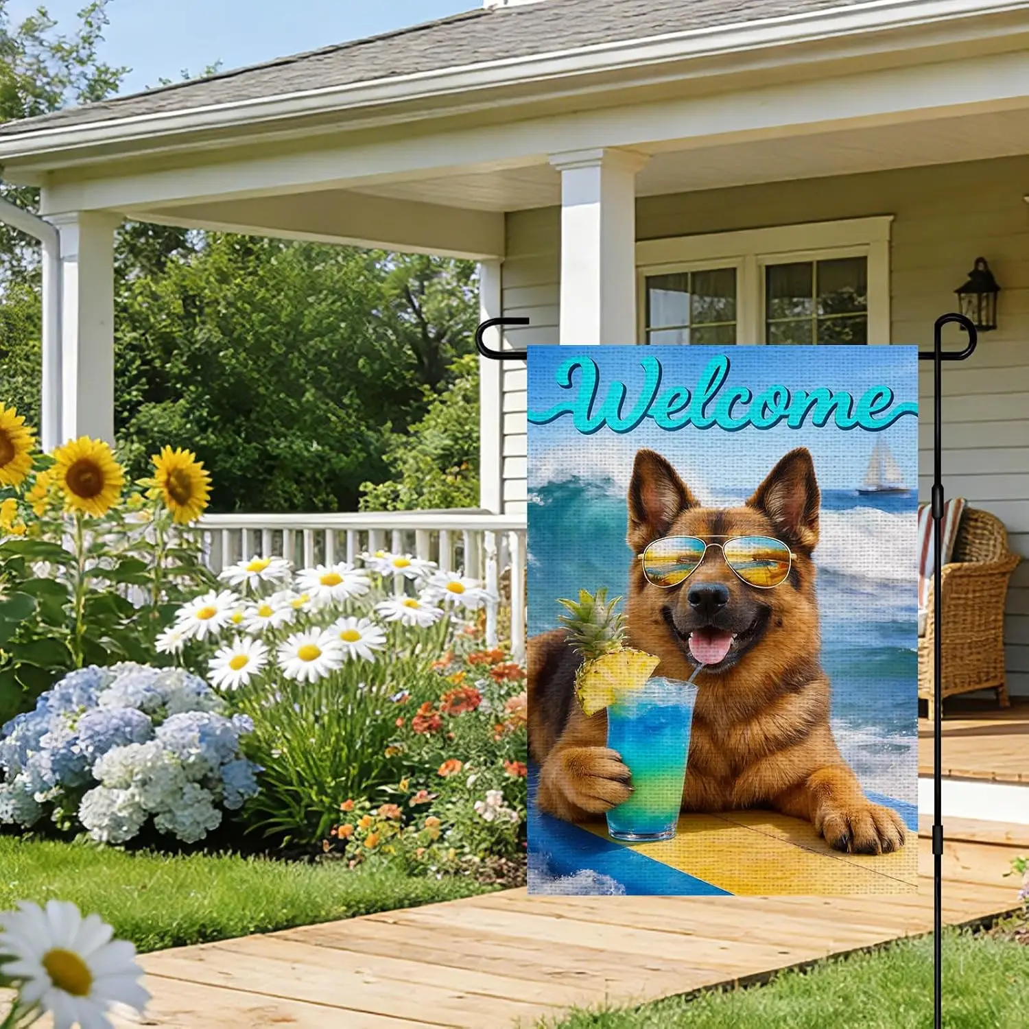 IVN Summer Garden Flag 12x18 Inch Double Sided Burlap Welcome German Shepherd Sunglasses Beach Cocktail Design Small Outdoor ZZM
