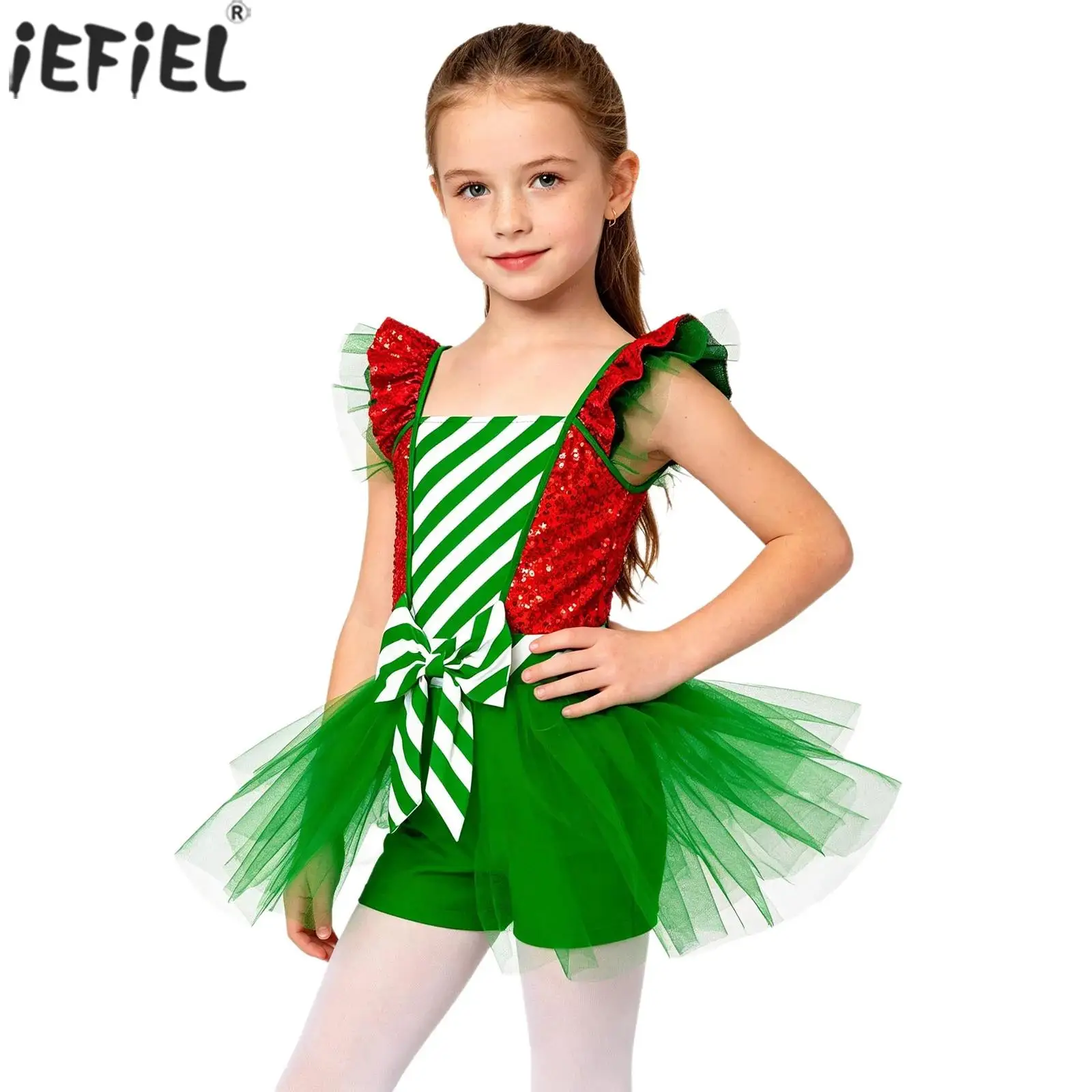 Kids Girls Christmas Candy Cane Ballet Dance Gymnastics Leotard Ruffle Sleeves Sequins Striped Tulle Bodysuit for Holiday Party