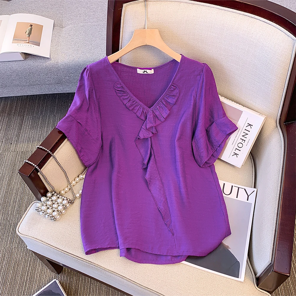 

Summer plus size women's retro v-neck purple t-shirt loose casual short-sleeved commuter solid colour tops simple daily style