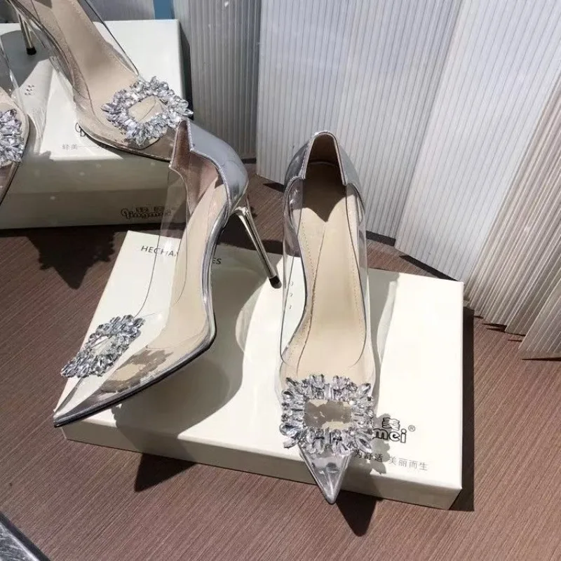 

2025 Summer New Women's Fashion Pointed Transparent PVC Square Rhinestone Shoe Upper Splicing High Heels Sandals Banquet Shoes