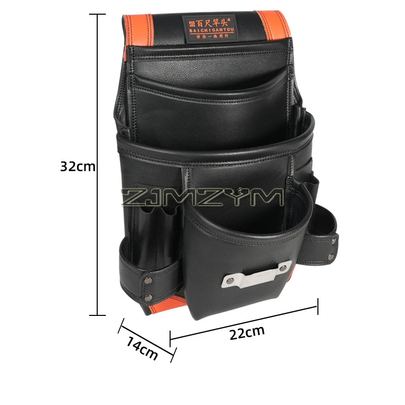 Leather Tool Pouches Bag | Electrician/Contractor, Electric Bag | 7 Pockets 2 Hammer Holders| Leather Dlack Orange