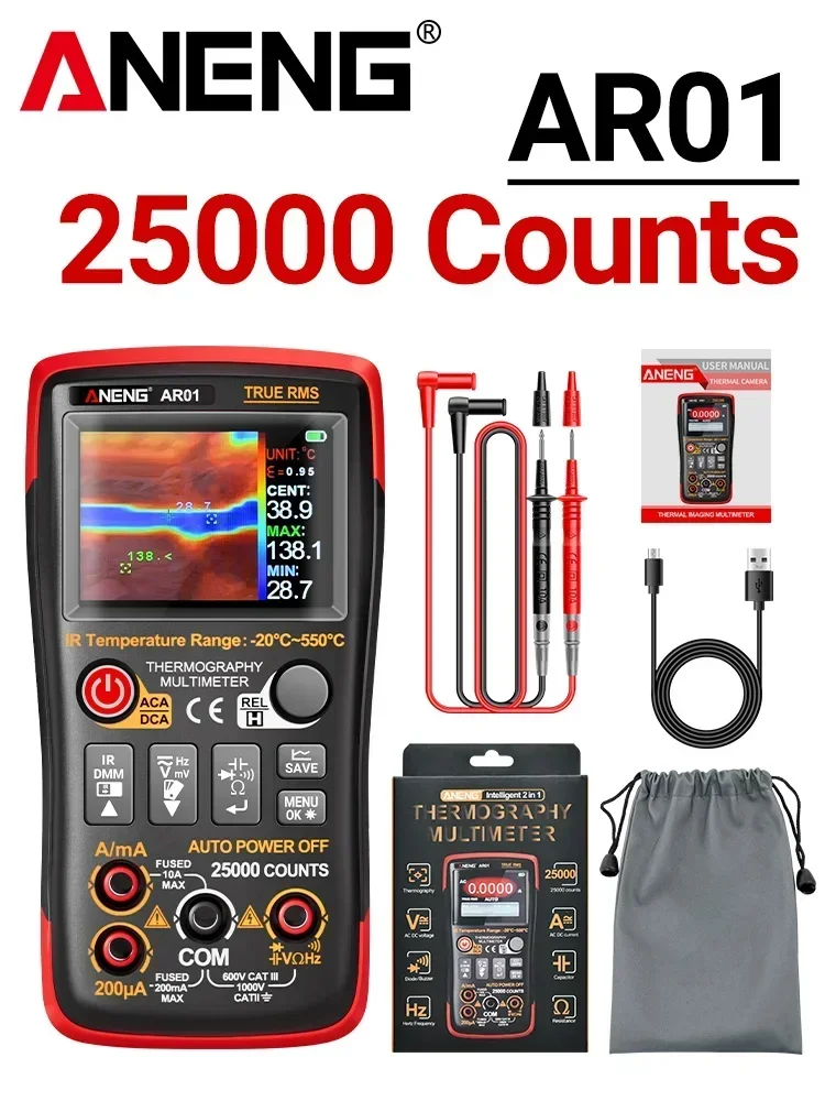 AR01 AC/DC Voltage Current Tester Thermal Imager Multimeter 2 in 1 Infrared Thermometer 25000 Counts 320*240 IR Resolution