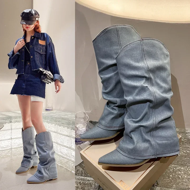 

Pleated Blue Denim Boots Fashionable Women's Chelsea Boots Autumn Winter Mid-heeled Boots Women Shoes Botas Altas Mujer