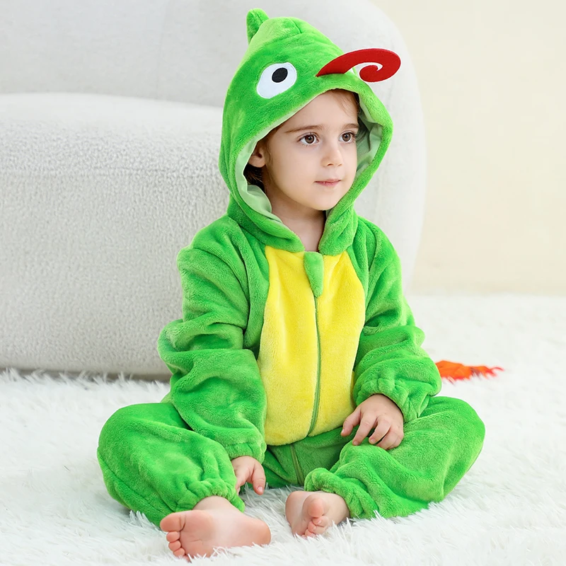 Baby Bodysuit Halloween Costume Chameleon Hooded Plush Winter Thicken Zipper Onesie Festival Party Holiday Dress Child Clothes