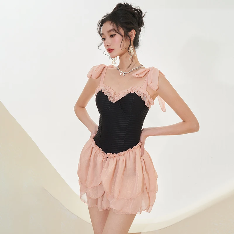 Summer Sweet Japanese Patchwork One-Piece Girl Swimsuit Pettiskirt Sling Fairy Style Vacation Hot Spring Swimwear for Women