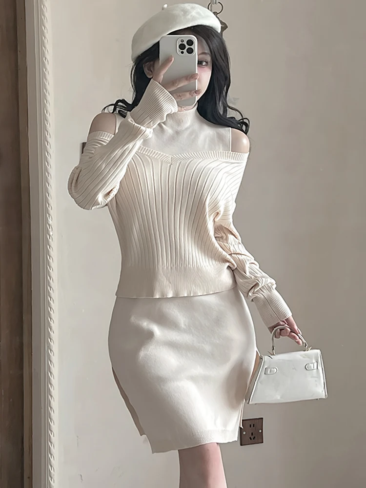 

Элегантный комплект из двух предметов, женские облегающие платья с высоким воротником + пуловер с длинными рукавами, топы, корейский модный женский повседневный костюм
