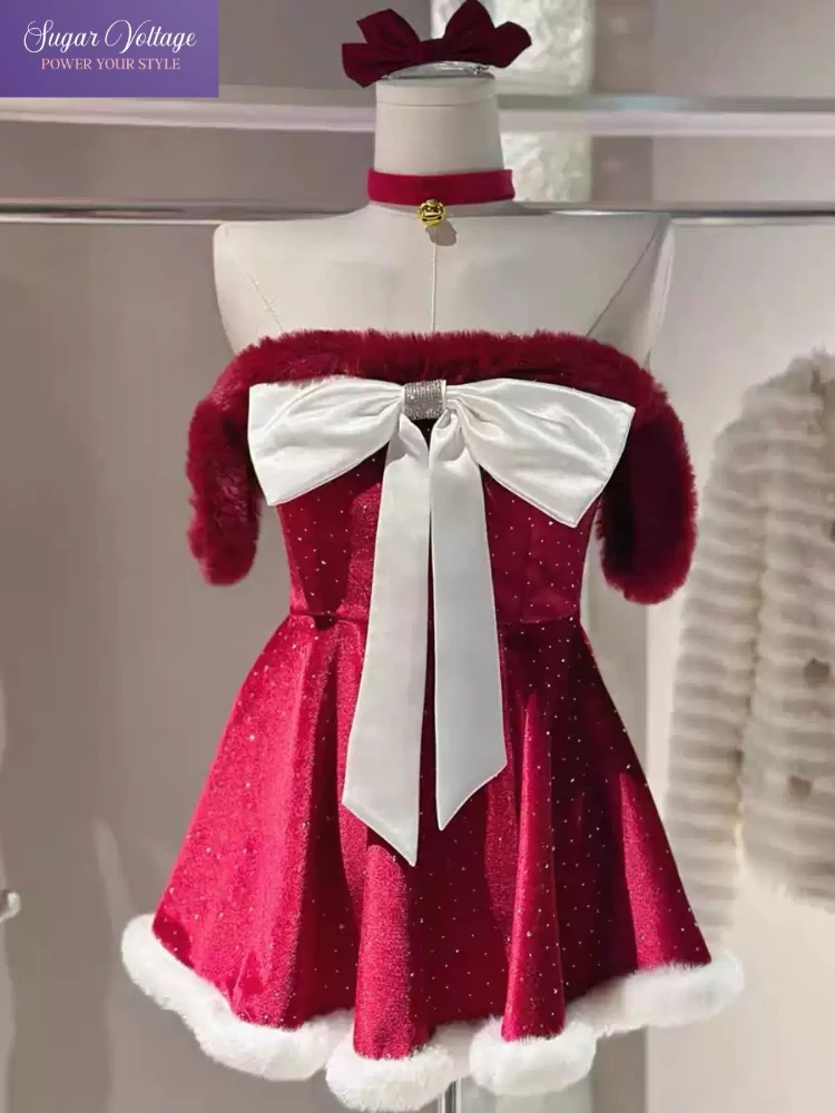 Harajuku Christmas Sexy Off Shoulder Dress Women Red Velvet Bow Trim Mini Party Dress Fashion Cute Sweet Holiday Stylish Outfit