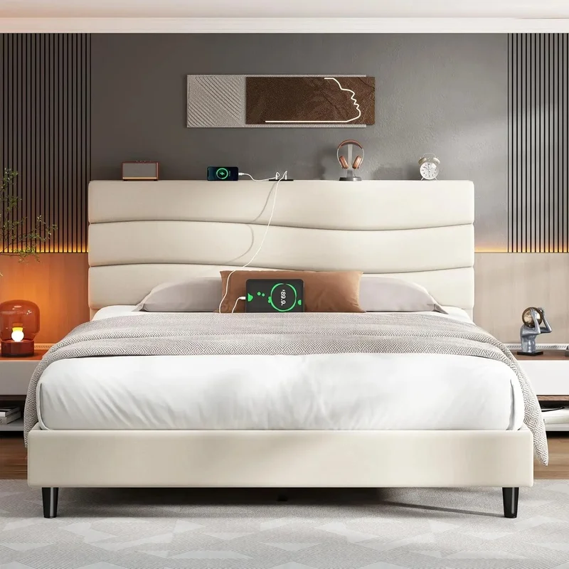 Estructura de cama Queen con cabecero tapizado, almacenamiento y estación de carga, tamaño Queen de madera