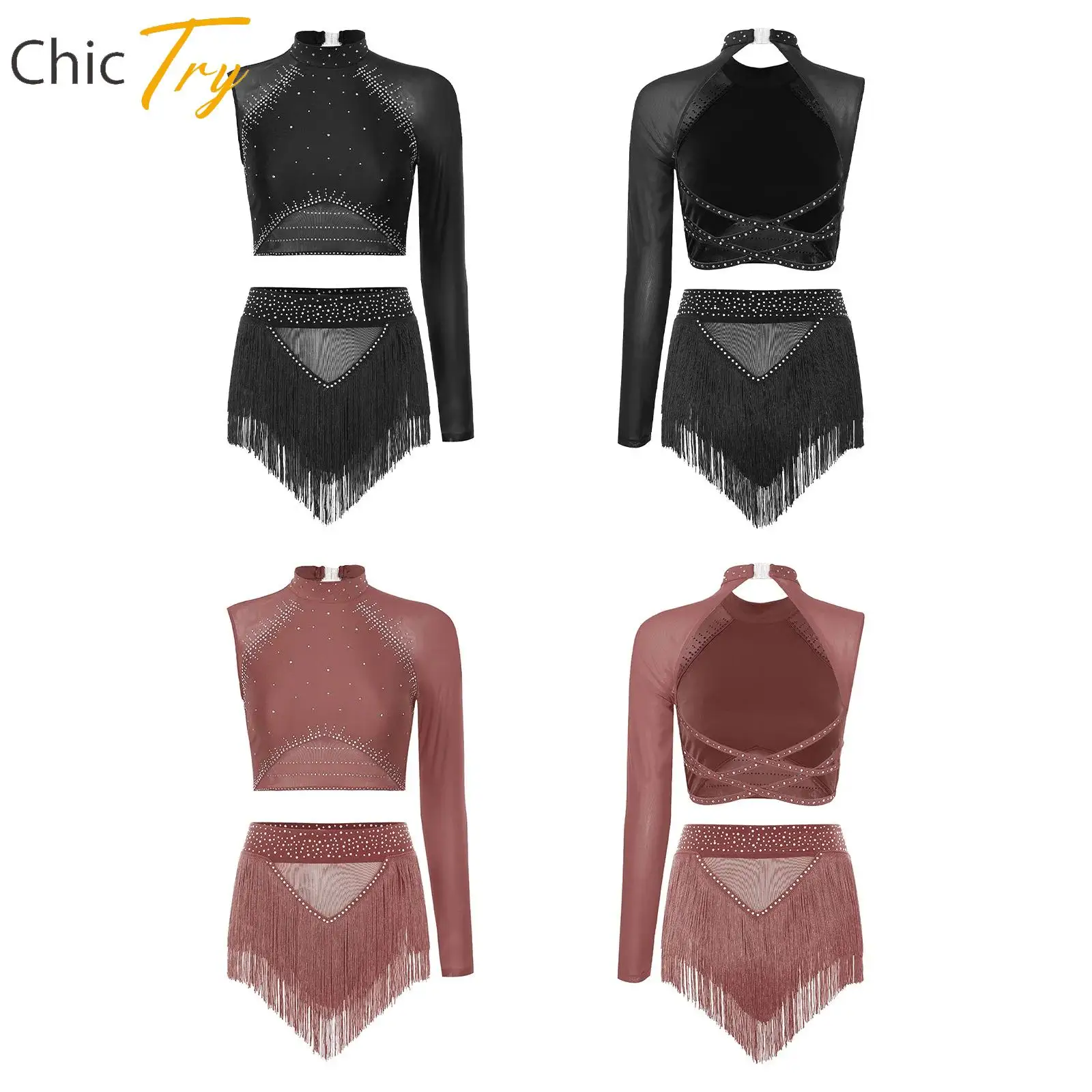 

Womens Latin Jazz Dance Set Cha-cha Tango Samba Dance Outfit One Shoulder Crop Top+Shorts Set Gymnastics Figure Skating Clothes