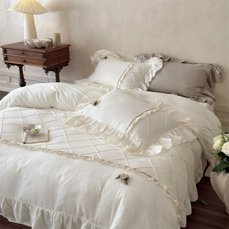 Vintage French Lace Ruffles Flowers Bedding Set Double Layer Yarn Pure Cotton Duvet Cover Pillowcases Flat/Fitted Bed Sheet 4Pcs