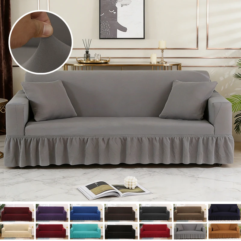 

1PC Elastic Milk Silk Solid Sofa Slipcover with Skirt 1/2/3/4 Seater Non Slip Elastic Bottom Machine Washable Couch Protector