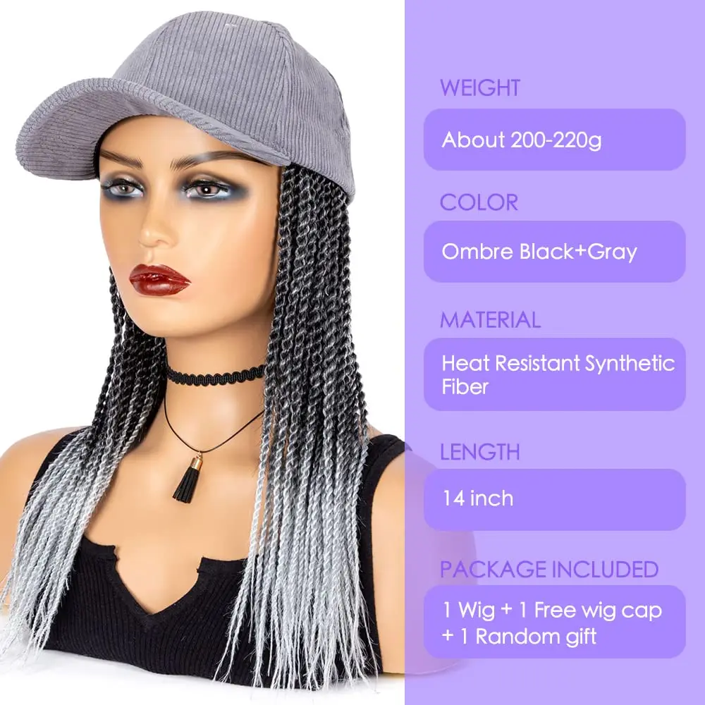 WIGERA Braided Baseball Cap Wig Low Price Sale Box Braid Hair Extensions With Hat Black and Silver Gray Synthetic Hair Cap Wig