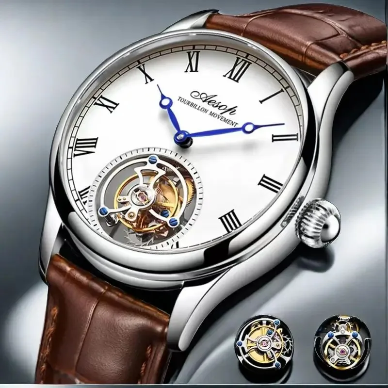 Men's Tourbillon Mechanical Watch Waterproof Elegant White Dial Brown Leather Strap Luxury Business Dress Wristwatch Gift