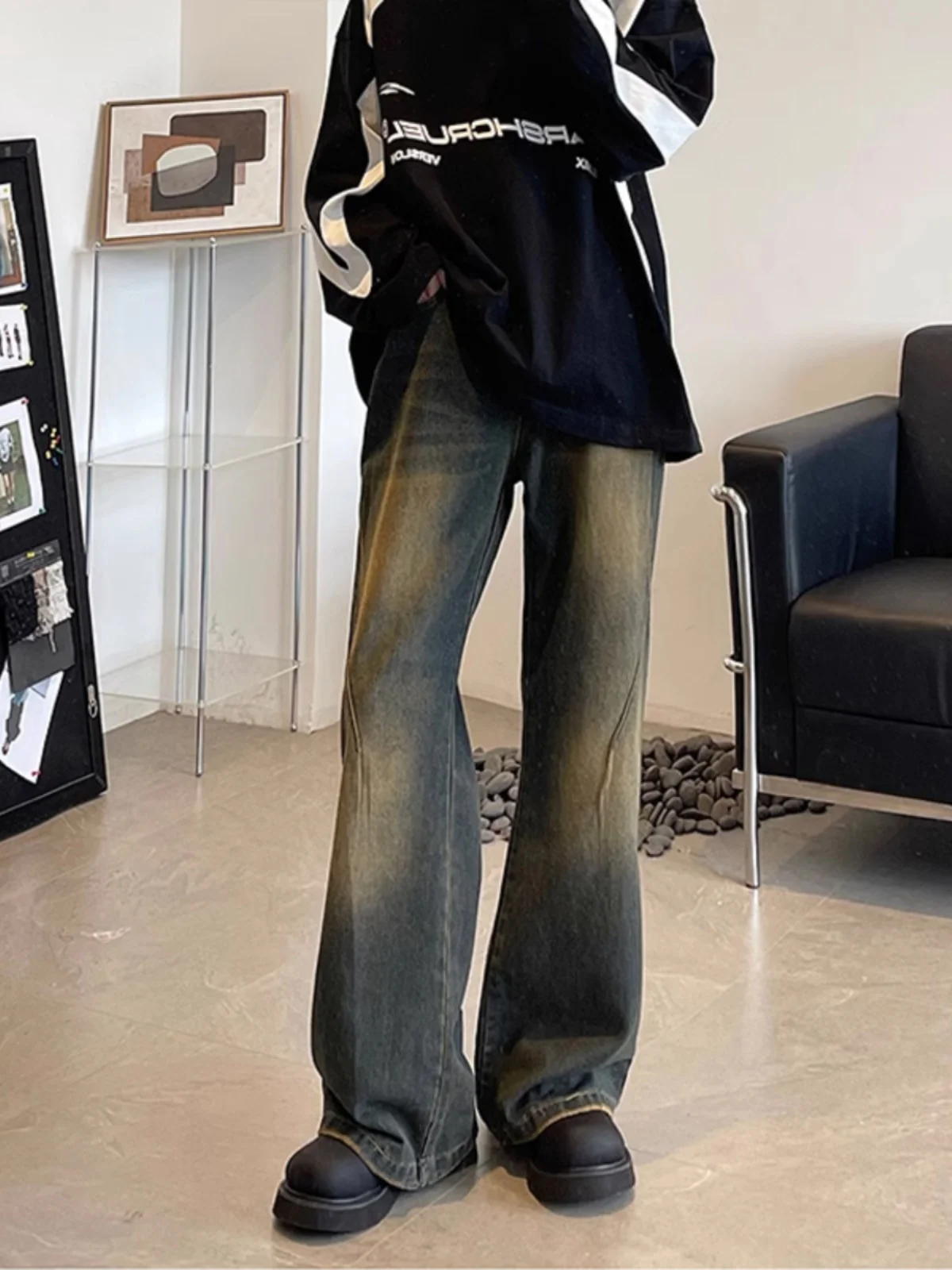 

American Retro adient Dyed Jeans Men's Waed Vintage y Straight Leg Slimming Pants Cotton Polyester Blend Jeans