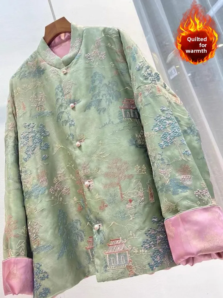 New Chinese Style Women's Cotton Jacket Embroidered Long Sleeve Stand Collar Single Button Fastening Cotton Padded Top