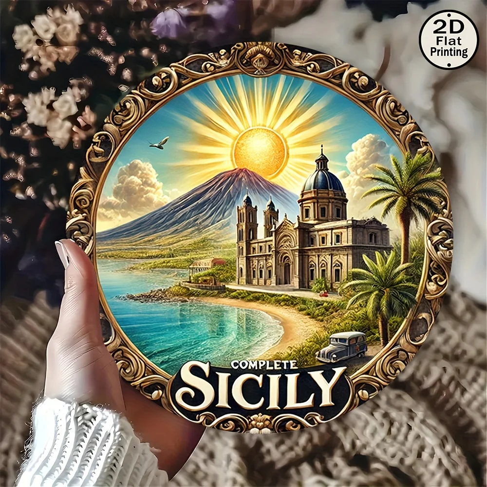 CIFBUY Retro Vintage Sicily Sunset Beach Palm Tree Church Volcano Scene Aluminum Wall Art Waterproof Durable Metal Sign for Home