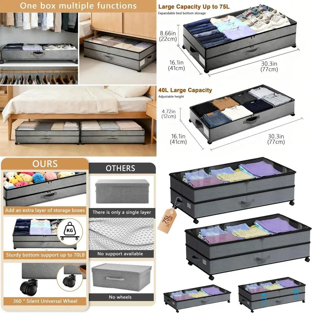 

2-Pack 75L Large Rolling Underbed Storage Boxes with Lids for Clothes, Shoes, and Blankets