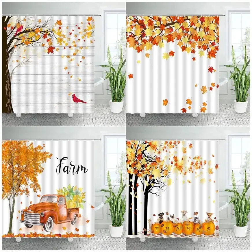 Farm Truck Pumpkin Shower Curtains Red Maple Trees Fallen Leaves Bird Cute Cat Dog Autumn Scenic Bathroom Decor Bath Curtain Set