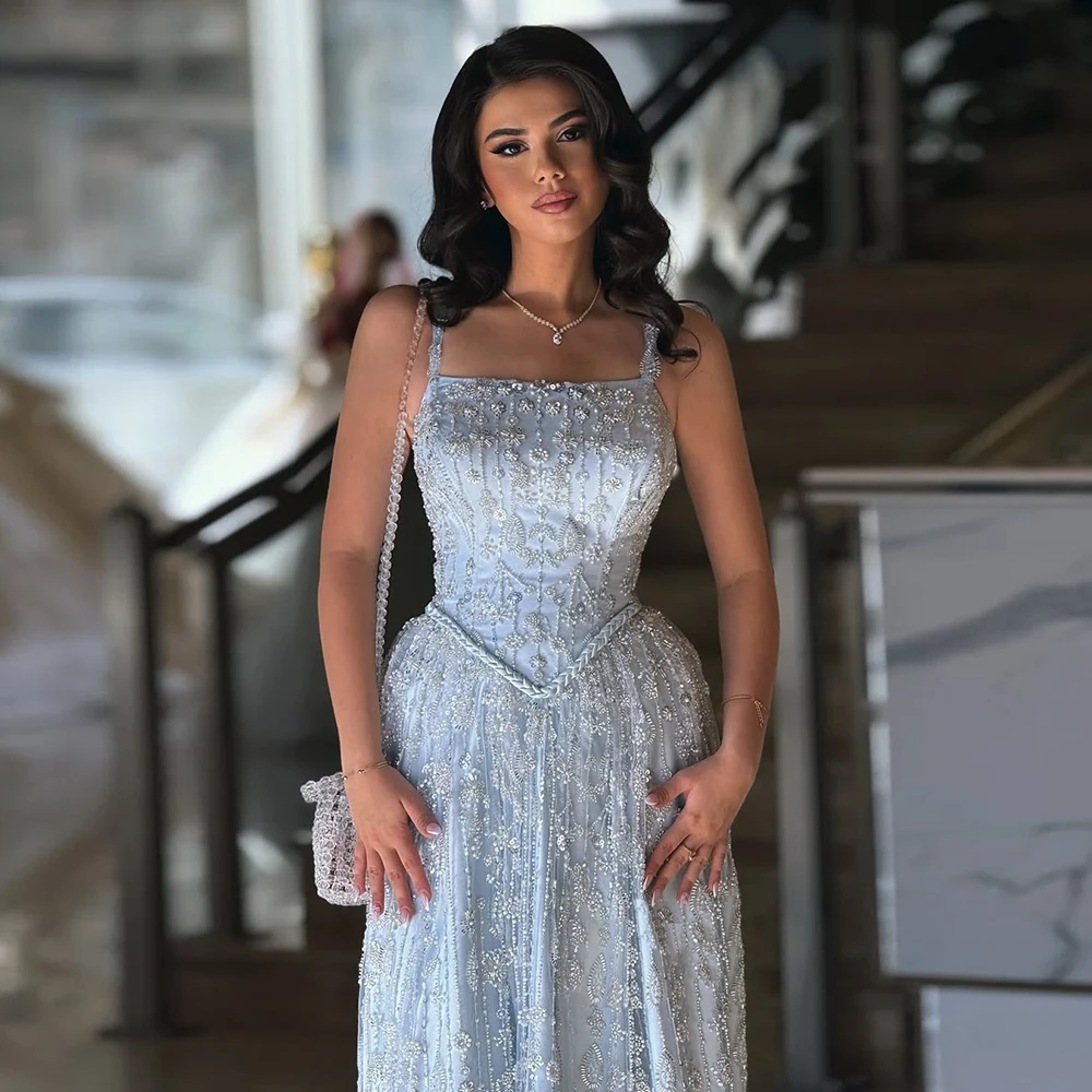 Elegantes A-Linie-Abendkleid aus Dubai-Arabien, Spaghettiträger, Perlen, langes formelles Abschlussball-Hochzeitskleid für Frauen, individuell gestaltet 2023