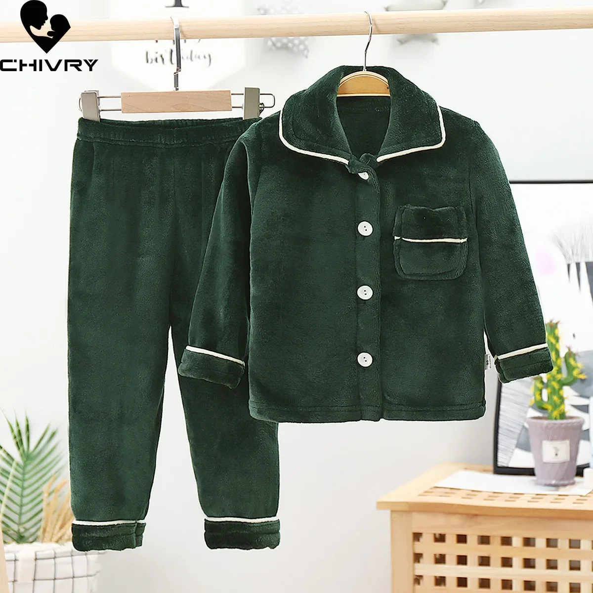 Kids Flannel Pajama Sets Boys Girls Autumn Winter Thicken Warm Solid Home Wear Children Lapel Long Sleeve Sleeping Clothing Sets