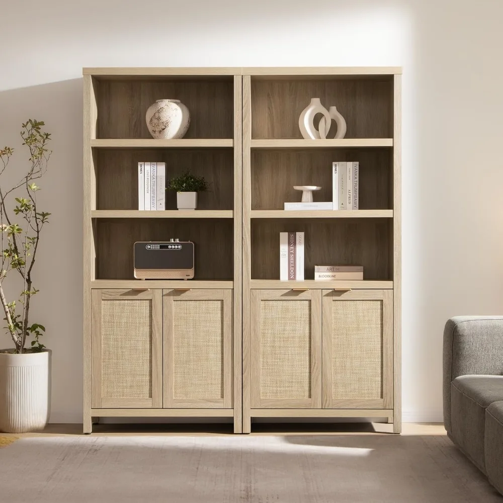 Bookcase  Bookshelf 5 Tier Rattan Boho Bookcase with Doors Storage Large Book Case Shelf Farmhouse Bookshelves