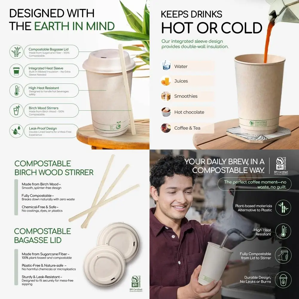 

Compostable 16 oz Coffee Cups with Bagasse Lids - 75 Pack, Leak Proof, Plant-based, BPA-Free | Travel Mugs for Beverages