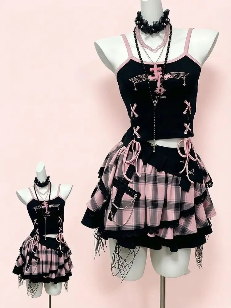 Vintage Y2K Dark Sweet Skirt Set Women Cami Plaid Tiered Skirt Lace Cross Bowknot Top Shirt and Harajuku Outfit Skirt Woman Set view 3