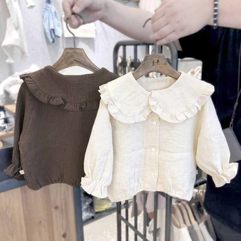 Blouses Girls Autumn Season 2023 New Korean Baby Long Sleeved Lotus Leaf Collar Undershirt Cotton Hemp Tops Button