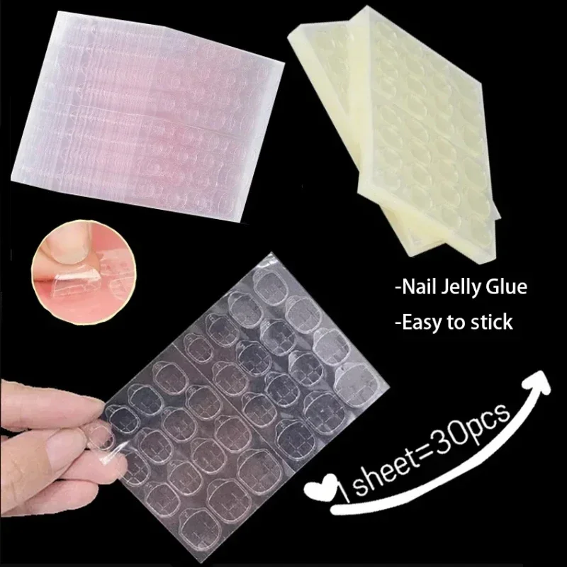 1Sheet/30Pcs Pink/Yellow Double-Sided Nail Adhesive Jelly Glue Transparent Flexible False Nail Adhesive Tape for False Nail Art