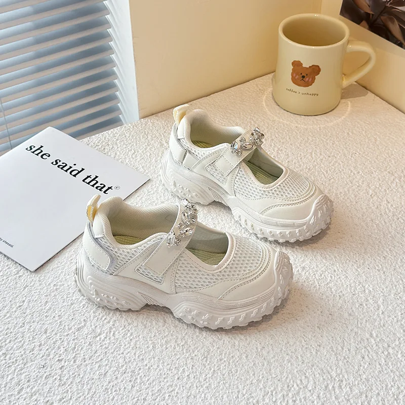 

Kids Girls Mary Jane Sneakers Rhinestone Decor Breathable Mesh Anti-slip Thick Sole Adjustable Strap Casual School Outdoor Shoes