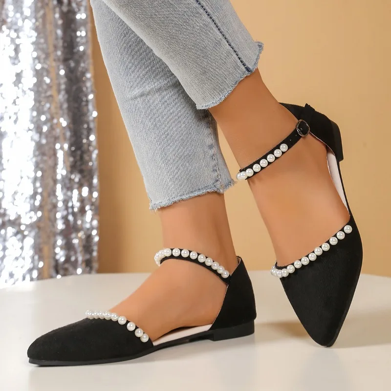 

Spring Summer Flat Shoes 2025 Woman Pointed Toe Pearl French Sandals Sweet Girls Beaded Empty Side Sandals Casual Shoes