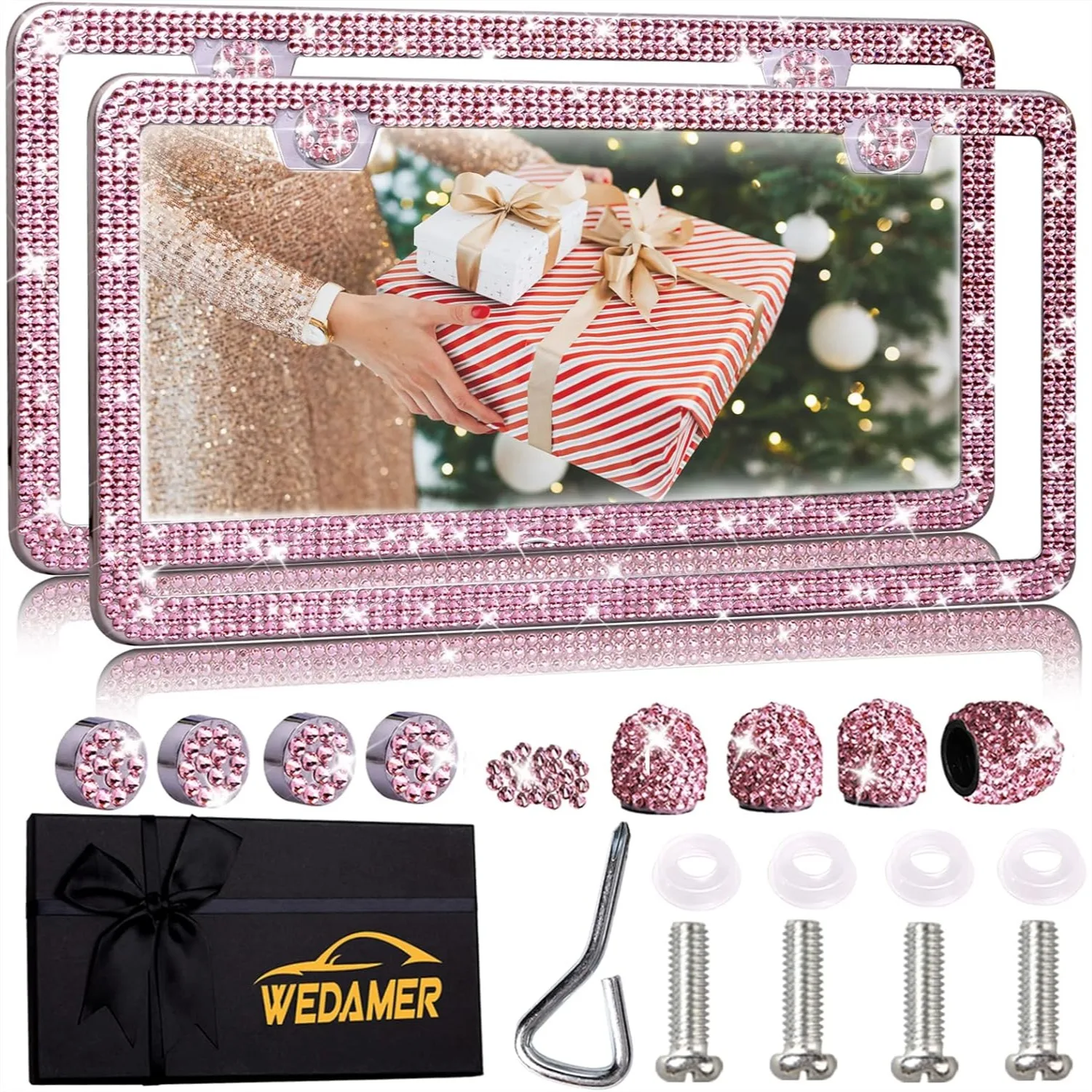 

Sparkly Rhinestone License Plate Frame with Diamond Bedazzled Design and Glitter Tire Valve Caps, 2-Pack for Women's Car